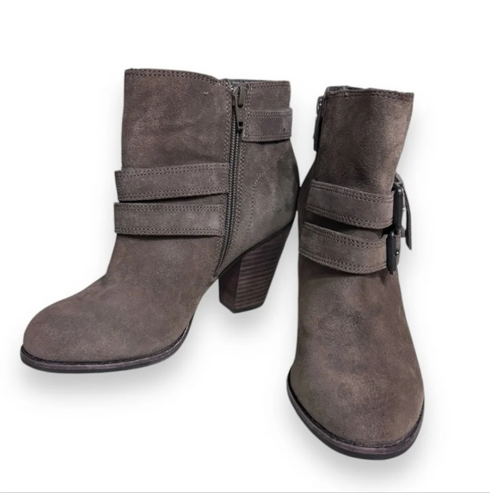 GIANNI BINI Grey Suede Side Zip Ankle Booties Double Buckle